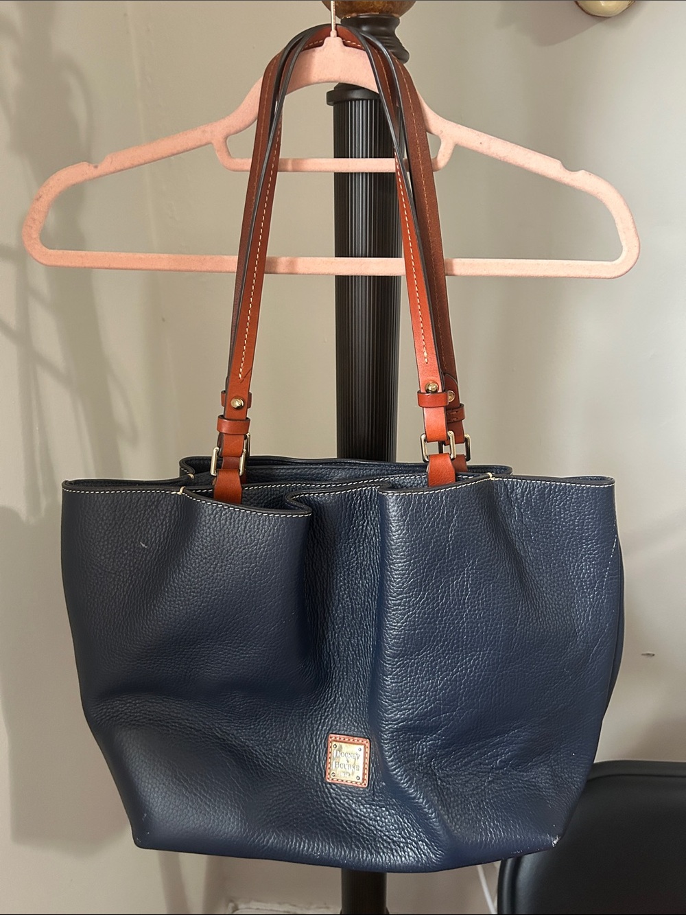 Dooney & Bourke Navy Leather Tote with Brown Handles - Picture 4 of 10